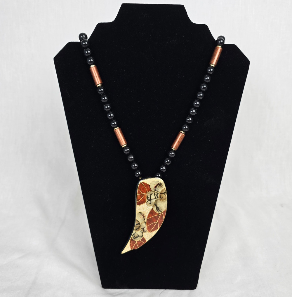 Japanese Beaded 42" Neckless Wooden Floral Design Pendant Earth Tones